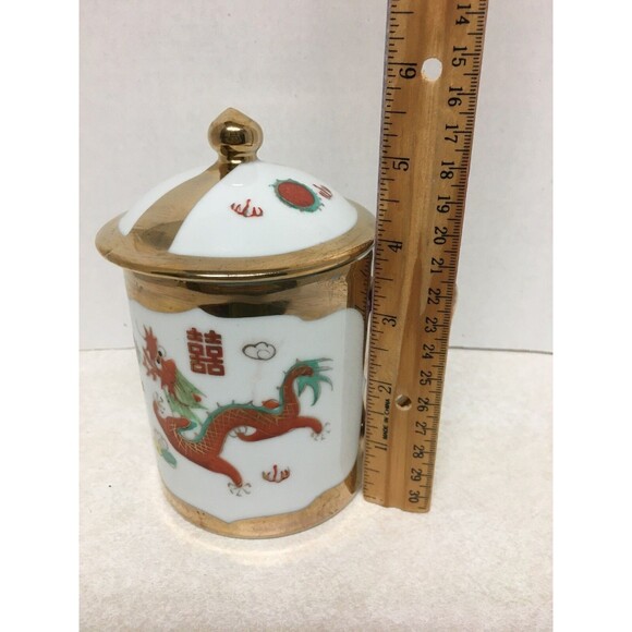 Vintage Chinese Gold Trimmed Hand Painted Dragon Phoenix Mug Tea Cup With Lid - Picture 9 of 9